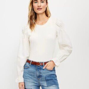 NWT Ann Taylor LOFT Ruffle Cuff Mixed Media Blouse in Whisper White L